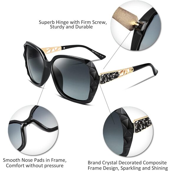 Women's Black Crystal Square Sunglasses Sparkling Composite Shiny Frame Design - Picture 3 of 8